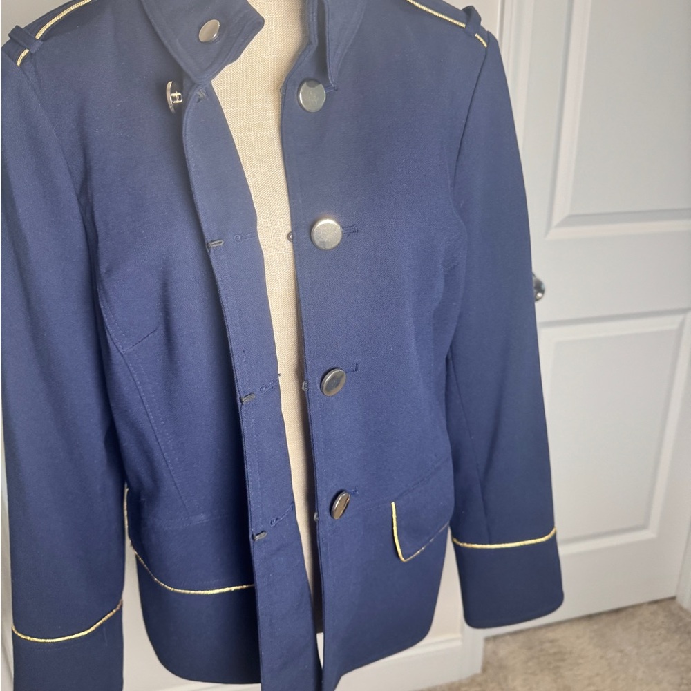 Chico's Dark Blue Military Jacket with Gold Accents